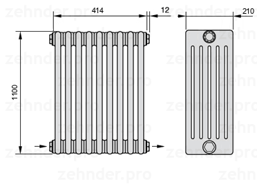 Схема (чертеж) Радиатор Zehnder Charleston 6110/9 №2670 Белый глянцевый RAL 9016